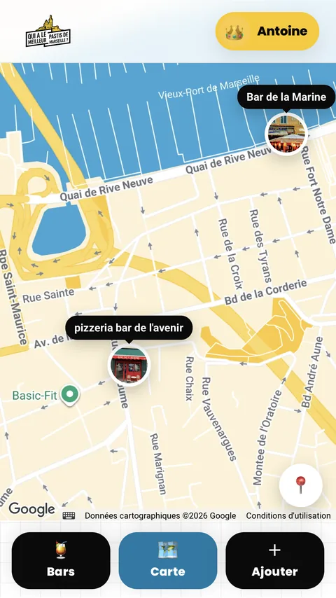 La carte du Vieux-Port avec les photos du Bar de la Marine, quai de Rive-Neuve, et de la pizzeria bar de l'Avenir.